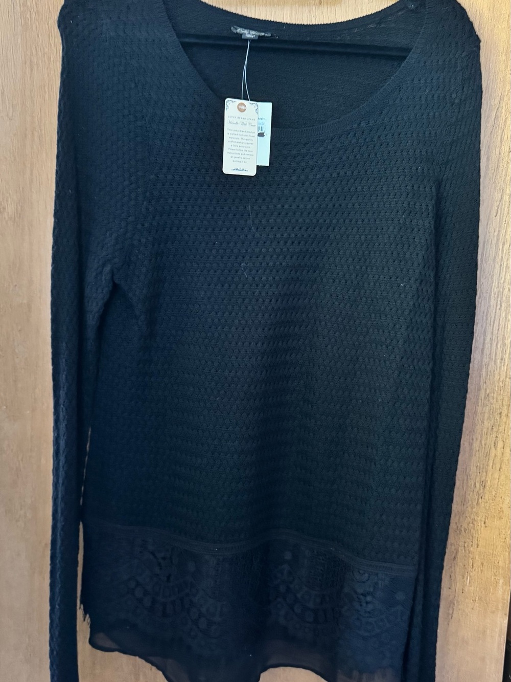 Lucky Brand Black Long Sleeve Knit Top with Lace Hem